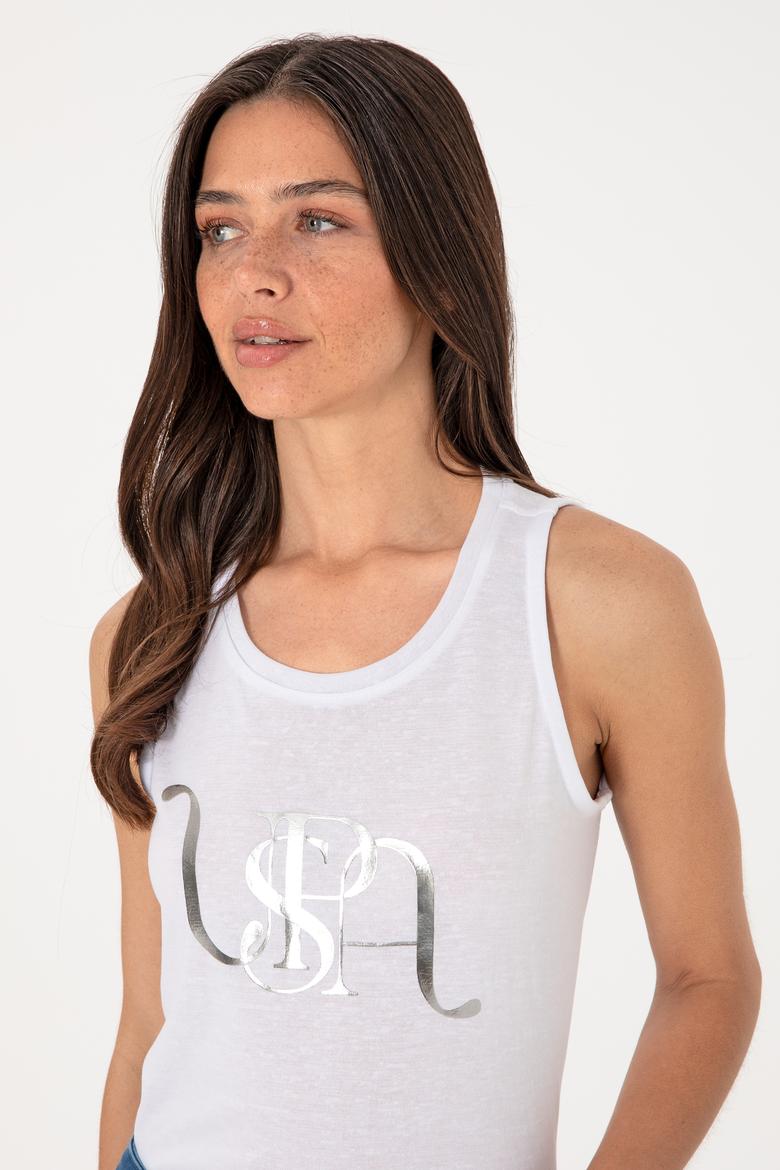 Kadın Beyaz Kolsuz Bisiklet Yaka Tişört - 50305609022