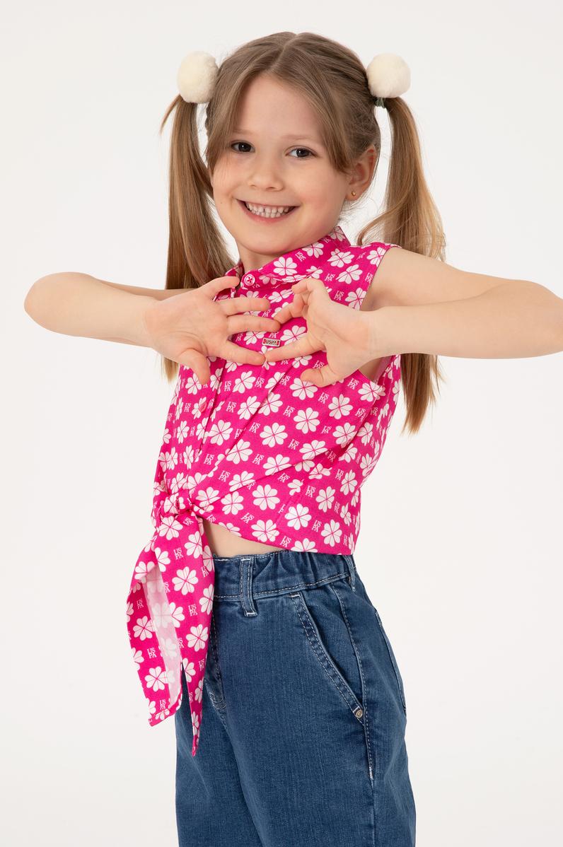 Kız Çocuk Fuşya Çiçek Desenli Bağlamalı Kolsuz Gömlek