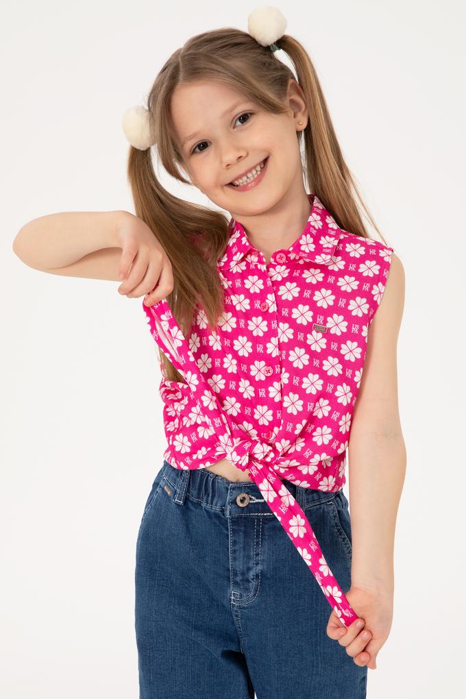 Kız Çocuk Fuşya Çiçek Desenli Bağlamalı Kolsuz Gömlek