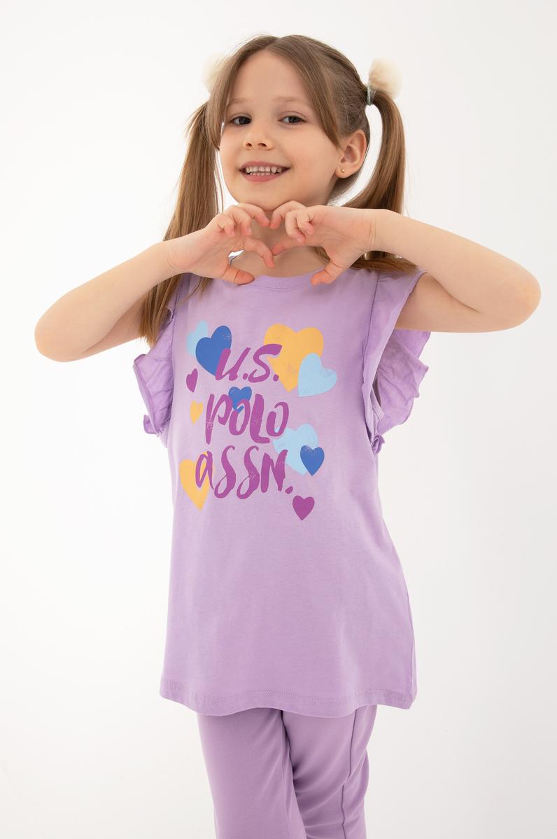 Kız Çocuk Lila Bisiklet Yaka Pamuk Fırfırlı Kalp Baskılı Tişört