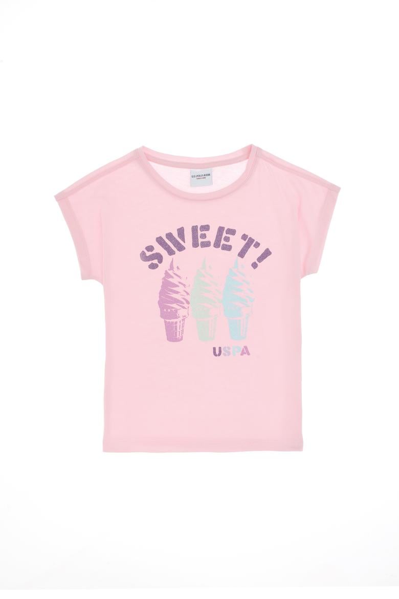 Kız Çocuk Açık Pembe Bisiklet Yaka Dondurma Baskılı Pamuk Tişört - 50306169010