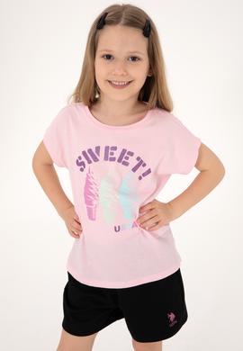 Kız Çocuk Açık Pembe Bisiklet Yaka Dondurma Baskılı Pamuk Tişört - 50306169010