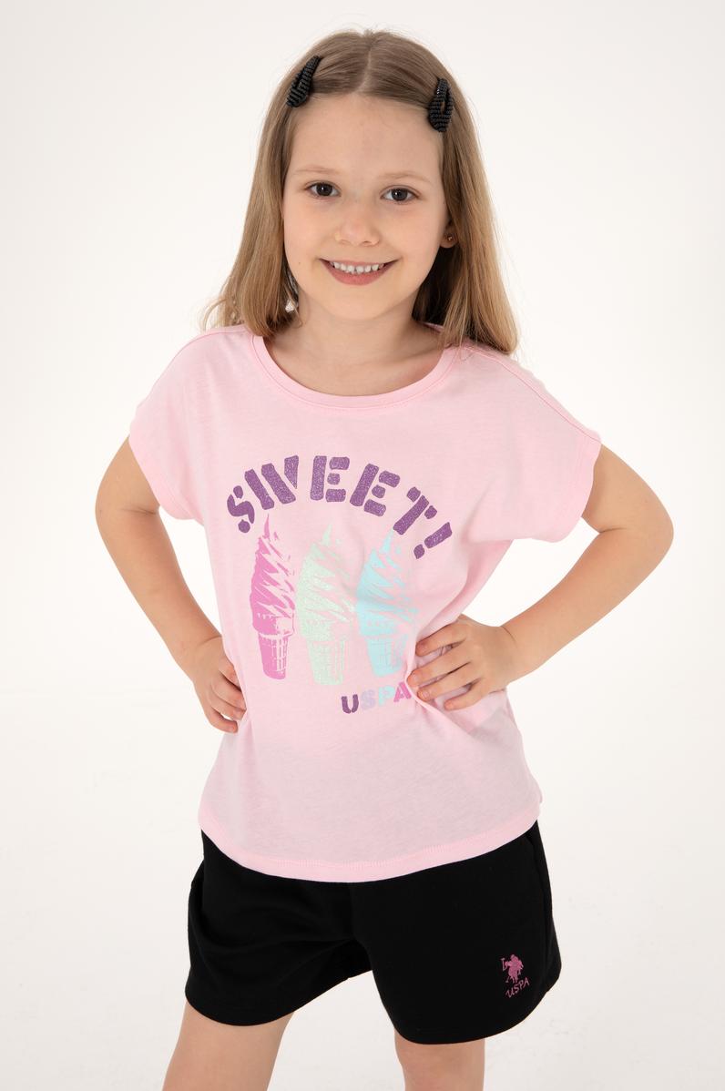 Kız Çocuk Açık Pembe Bisiklet Yaka Dondurma Baskılı Pamuk Tişört