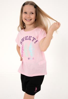 Kız Çocuk Açık Pembe Bisiklet Yaka Dondurma Baskılı Pamuk Tişört - 50306169010