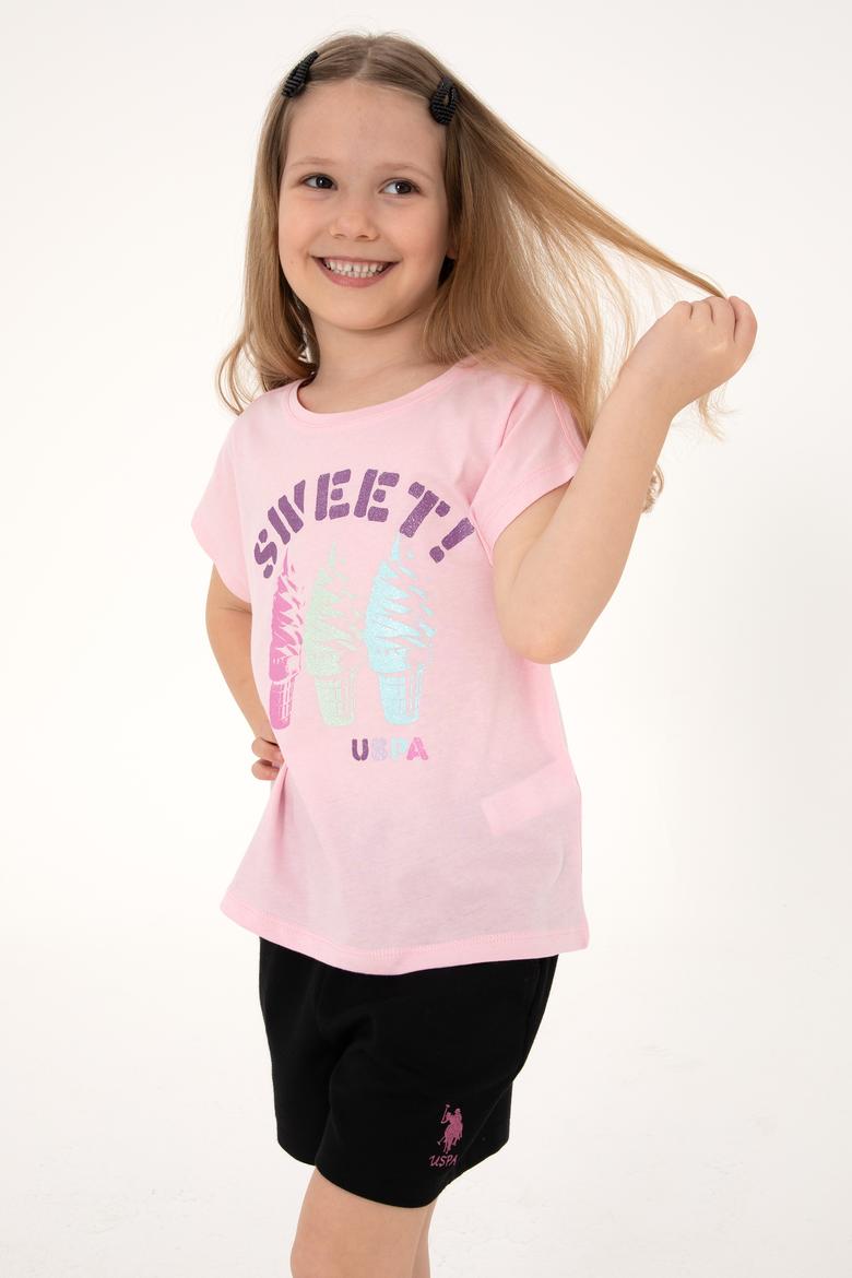 Kız Çocuk Açık Pembe Bisiklet Yaka Dondurma Baskılı Pamuk Tişört - 50306169010