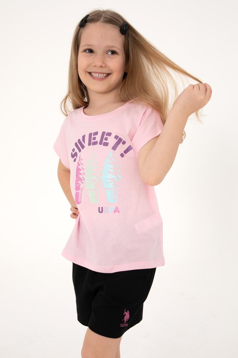 Kız Çocuk Açık Pembe Bisiklet Yaka Dondurma Baskılı Pamuk Tişört