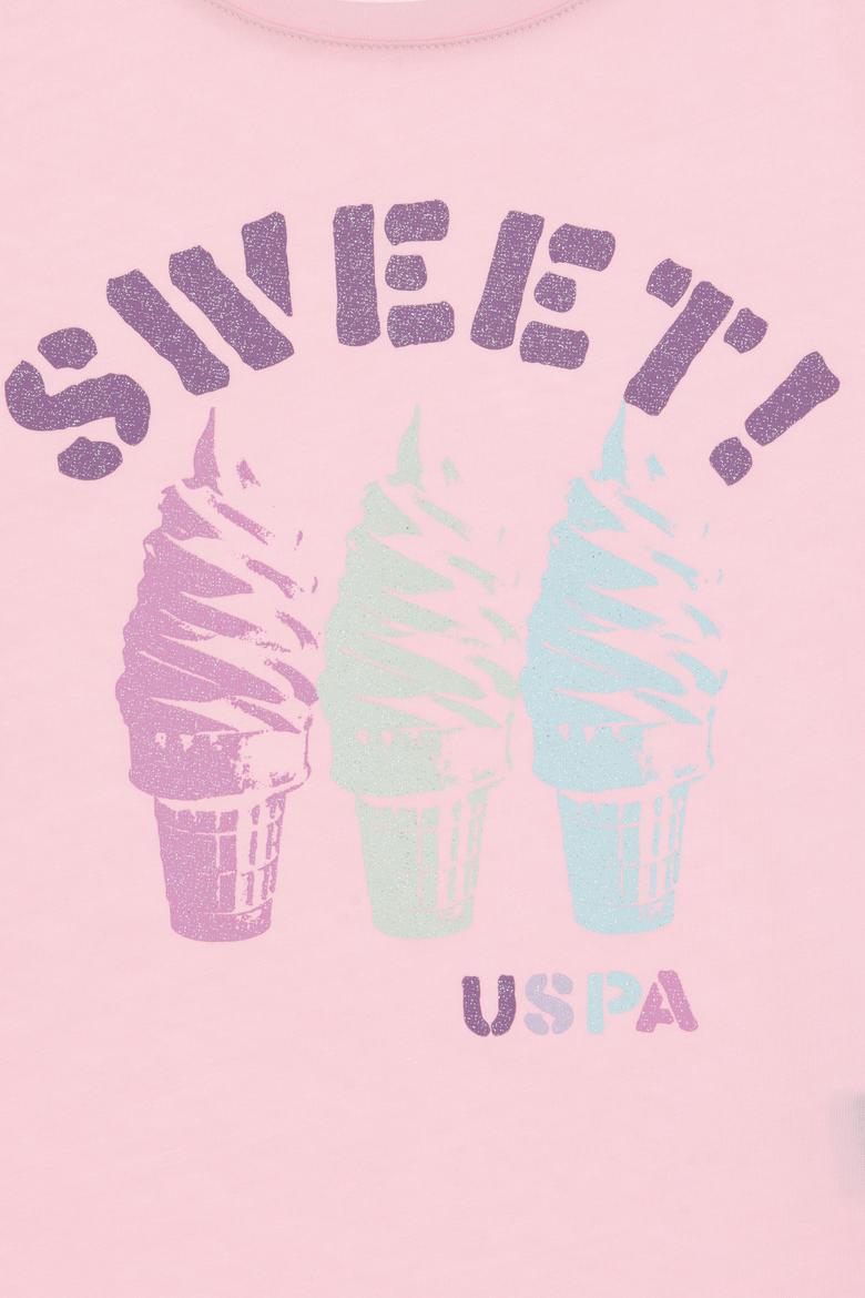 Kız Çocuk Açık Pembe Bisiklet Yaka Dondurma Baskılı Pamuk Tişört - 50306169010