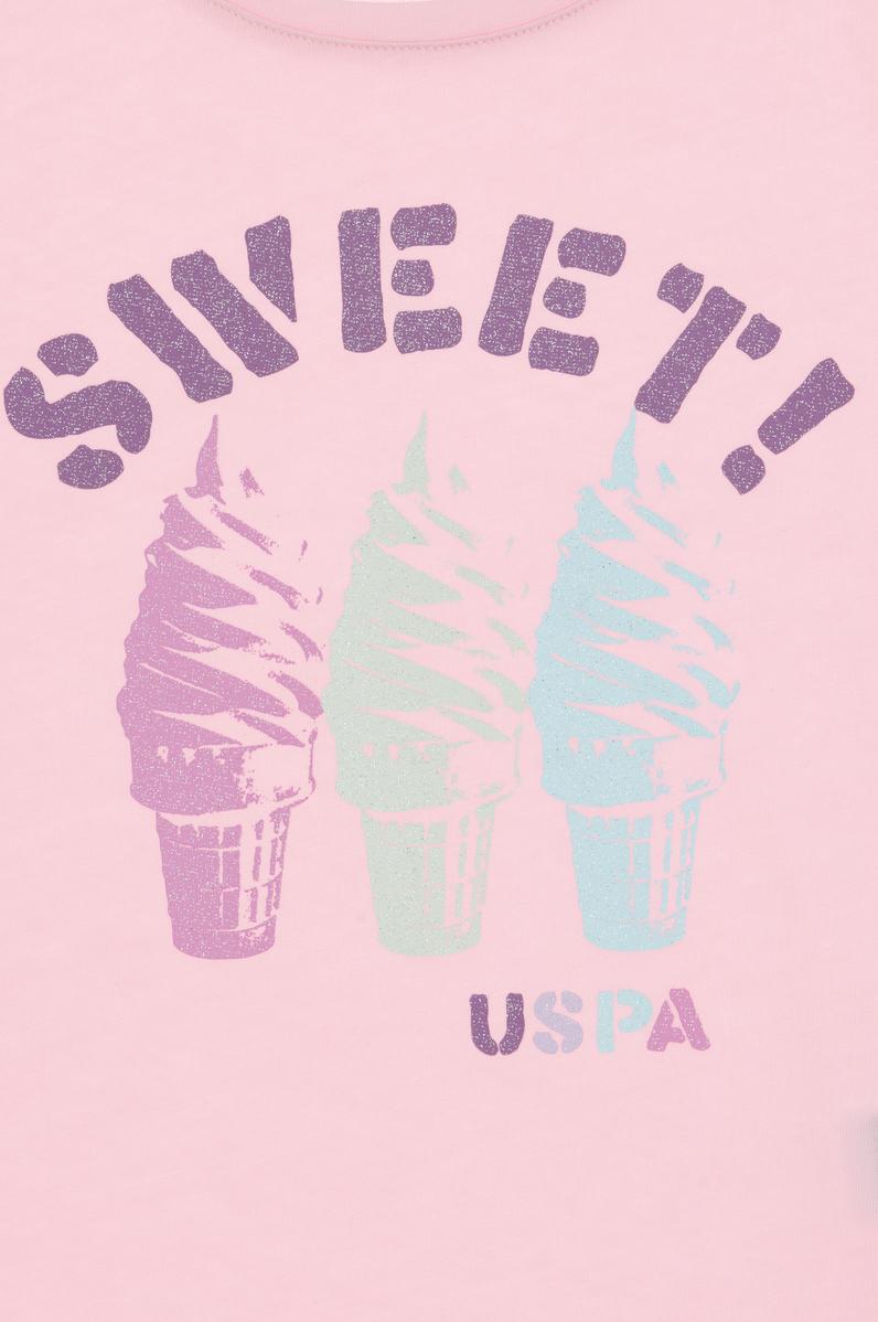 Kız Çocuk Açık Pembe Bisiklet Yaka Dondurma Baskılı Pamuk Tişört