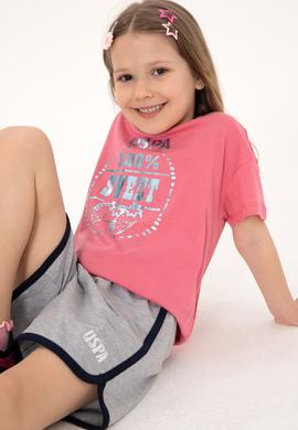 Kız Çocuk Pembe Bisiklet Yaka Çilek Baskılı Pamuk Tişört - 50306186003