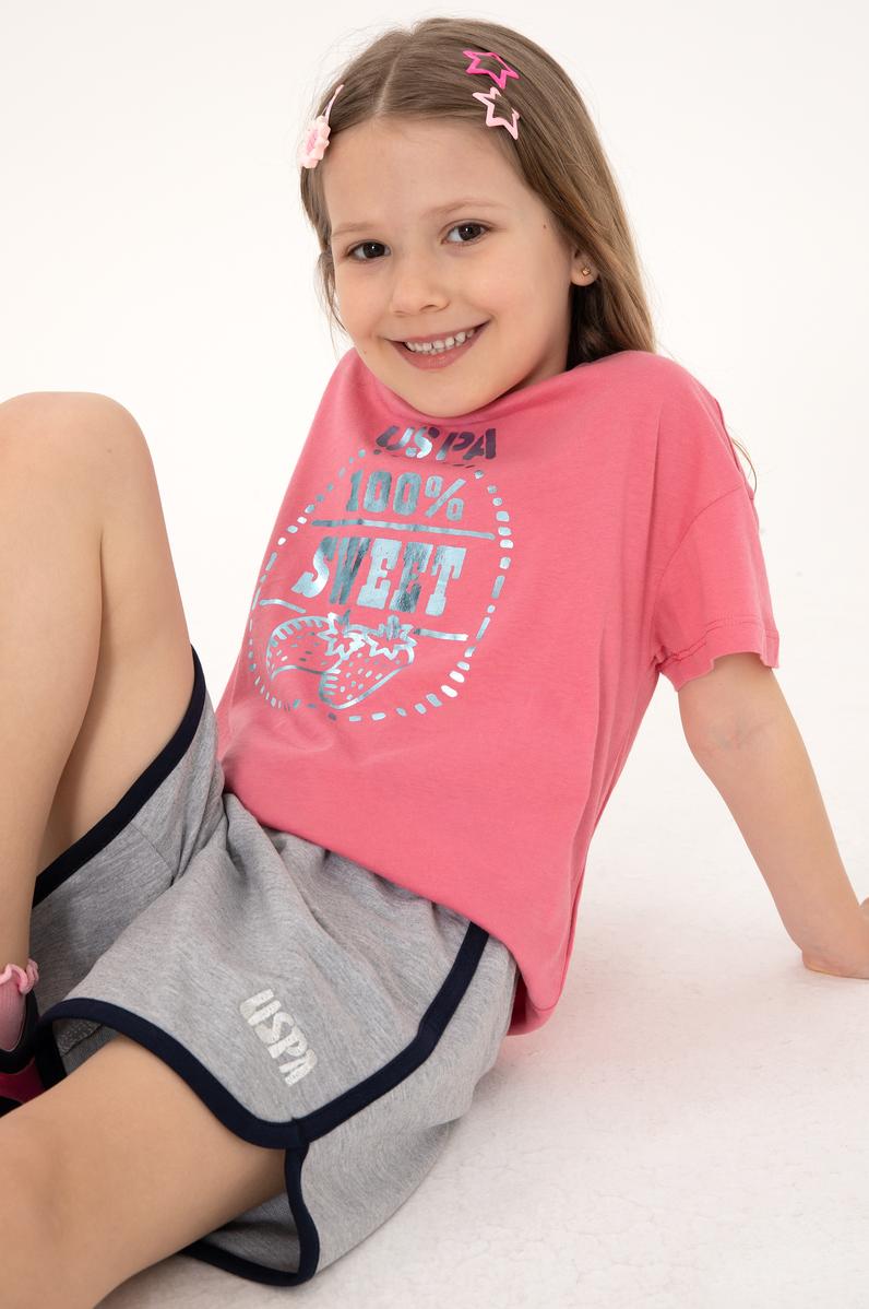 Kız Çocuk Pembe Bisiklet Yaka Çilek Baskılı Pamuk Tişört