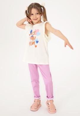 Kız Çocuk Krem Bisiklet Yaka Pamuk Fırfırlı Kalp Baskılı Tişört - 50306208014