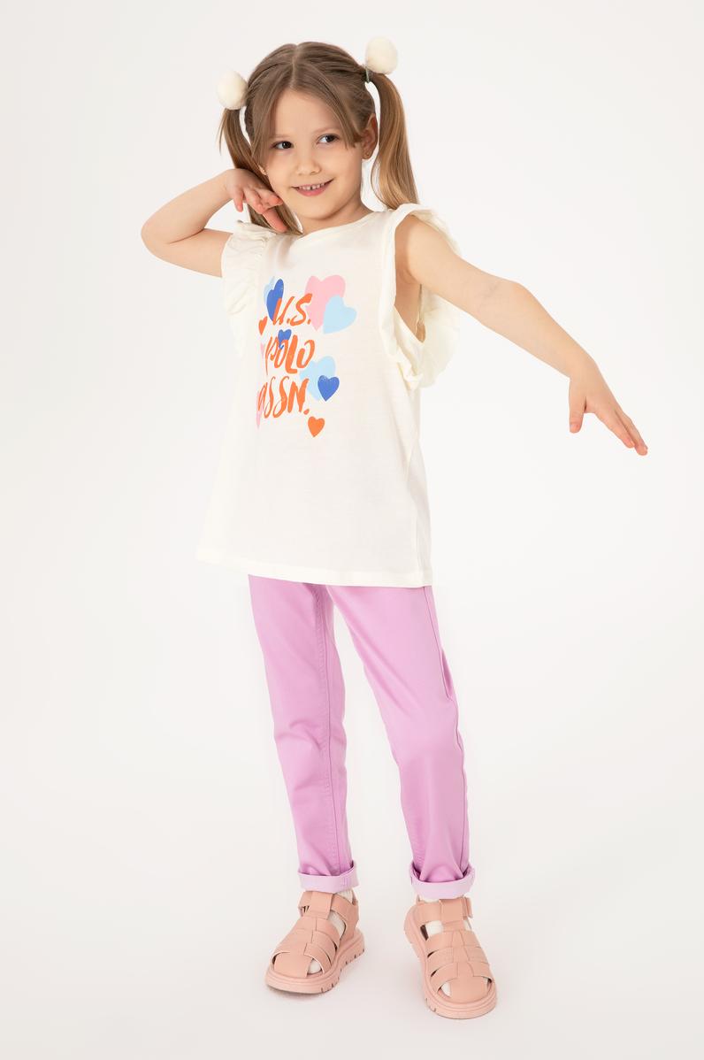 Kız Çocuk Krem Bisiklet Yaka Pamuk Fırfırlı Kalp Baskılı Tişört