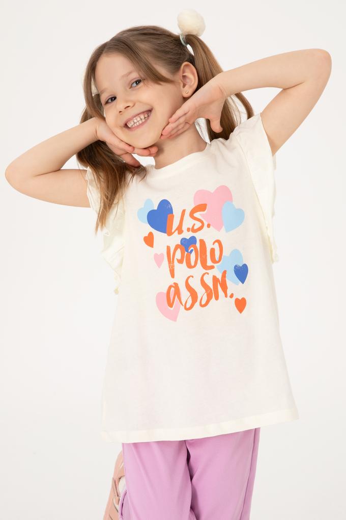 Kız Çocuk Krem Bisiklet Yaka Pamuk Fırfırlı Kalp Baskılı Tişört