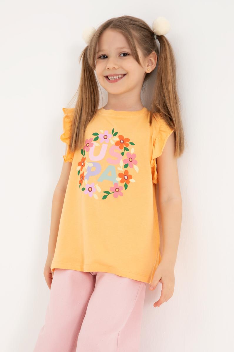 Kız Çocuk Turuncu Bisiklet Yaka Pamuk Fırfırlı Çiçek Baskılı Tişört