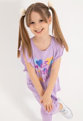 Kız Çocuk Lila Bisiklet Yaka Pamuk Fırfırlı Kalp Baskılı Tişört - 50306208004