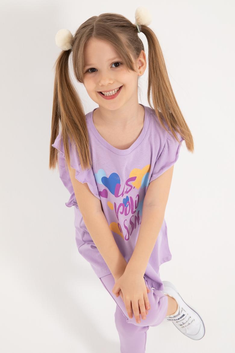 Kız Çocuk Lila Bisiklet Yaka Pamuk Fırfırlı Kalp Baskılı Tişört