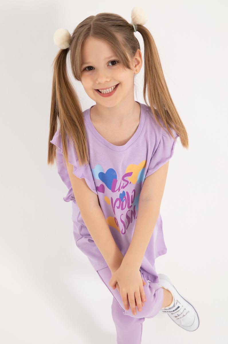 Kız Çocuk Lila Bisiklet Yaka Pamuk Fırfırlı Kalp Baskılı Tişört