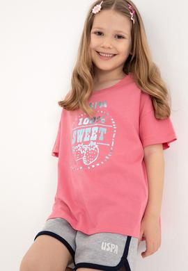 Kız Çocuk Pembe Bisiklet Yaka Çilek Baskılı Pamuk Tişört - 50306186003