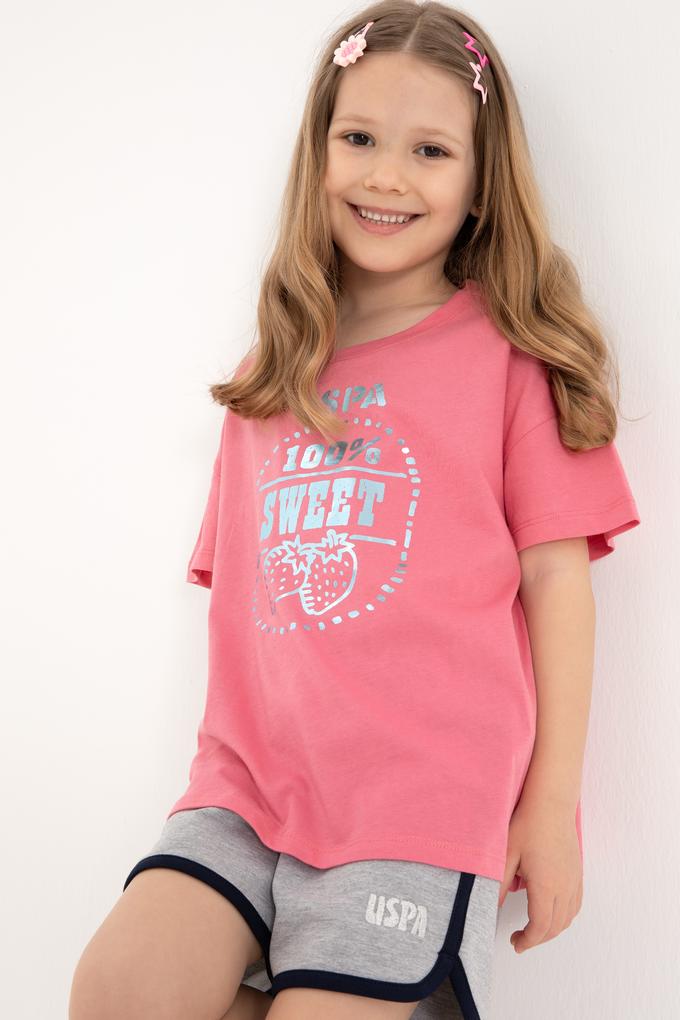 Kız Çocuk Pembe Bisiklet Yaka Çilek Baskılı Pamuk Tişört
