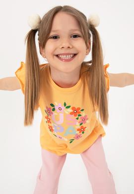 Kız Çocuk Turuncu Bisiklet Yaka Pamuk Fırfırlı Çiçek Baskılı Tişört - 50306227005