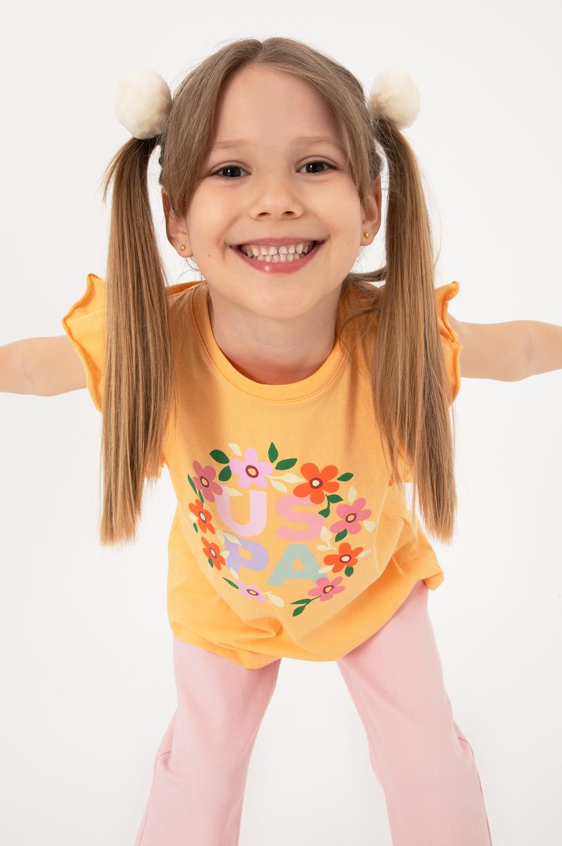 Kız Çocuk Turuncu Bisiklet Yaka Pamuk Fırfırlı Çiçek Baskılı Tişört