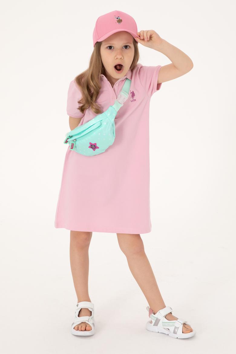 Kız Çocuk Açık Pembe Polo Yaka Kısa Kol A-Form Basic Örme Elbise