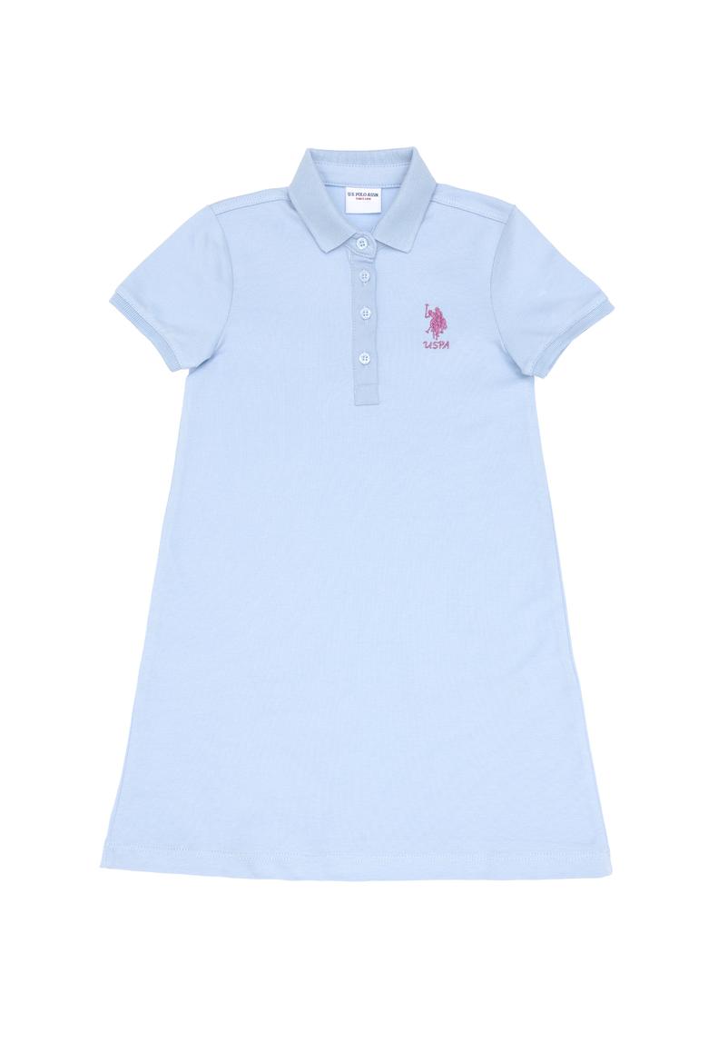 Kız Çocuk Açık Mavi Polo Yaka Kısa Kol A-Form Basic Örme Elbise - 50306051078