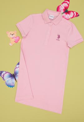 Kız Çocuk Açık Pembe Polo Yaka Kısa Kol A-Form Basic Örme Elbise - 50306051071
