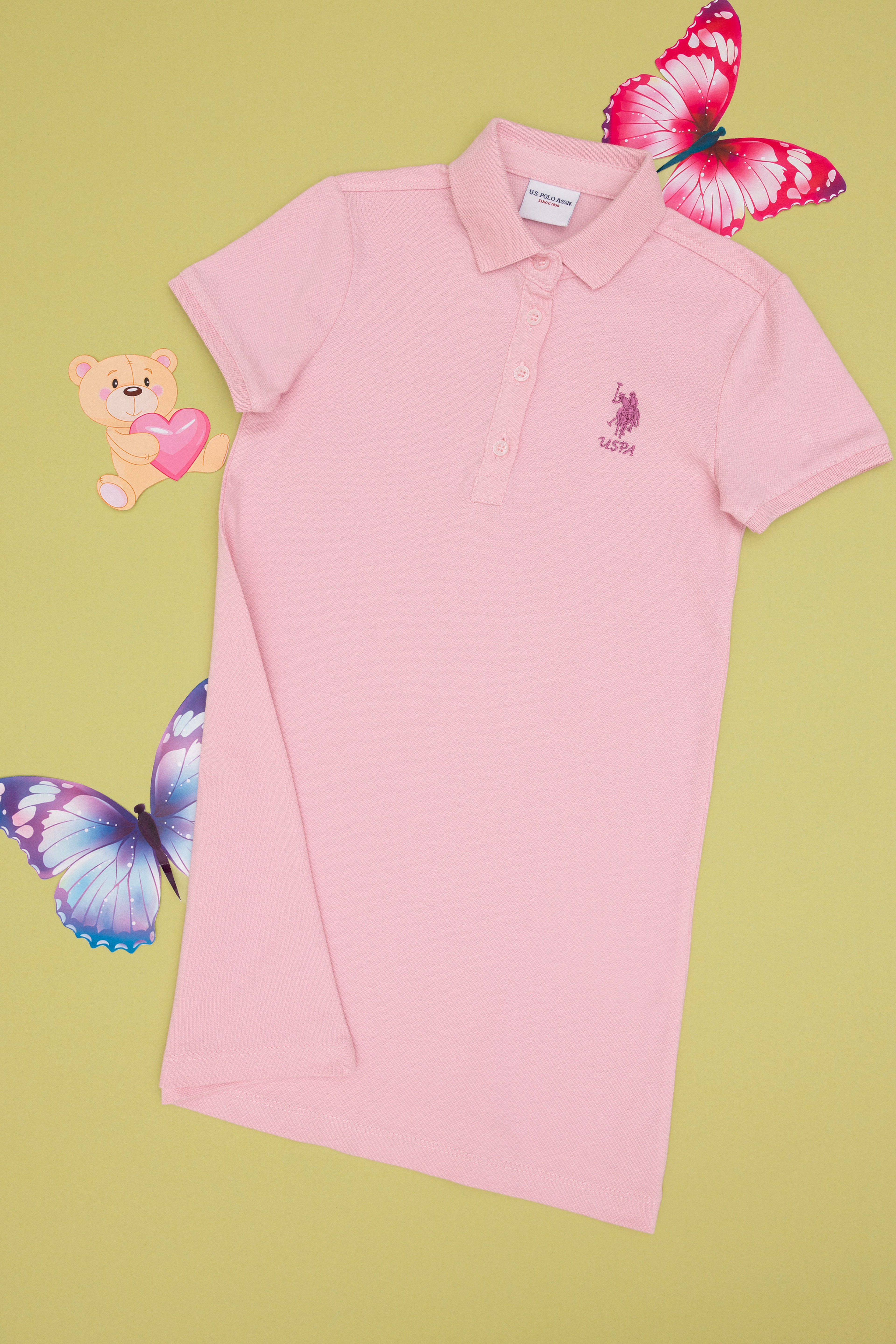Kız Çocuk Açık Pembe Polo Yaka Kısa Kol A-Form Basic Örme Elbise - Image 3