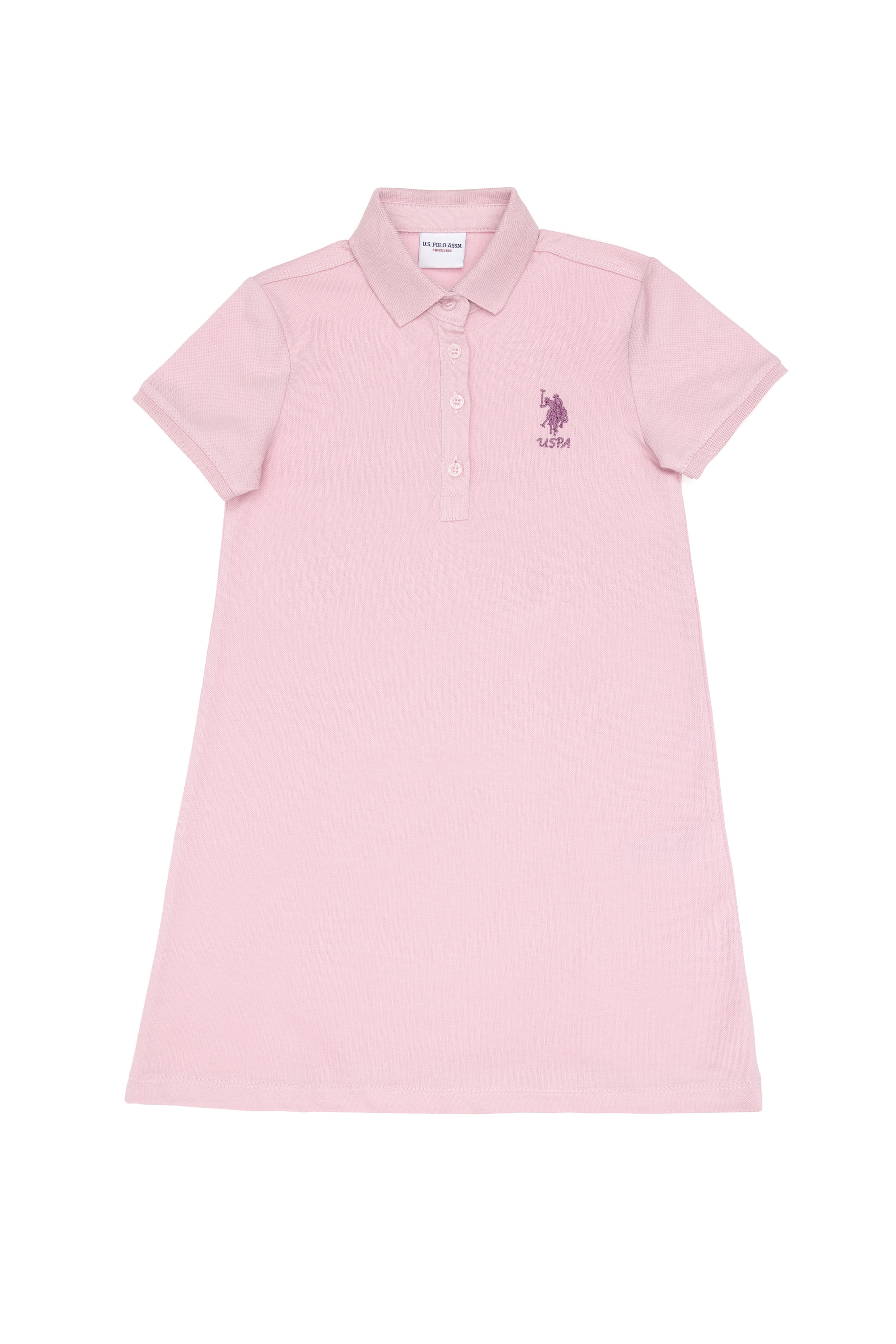 Kız Çocuk Açık Pembe Polo Yaka Kısa Kol A-Form Basic Örme Elbise - Image 4