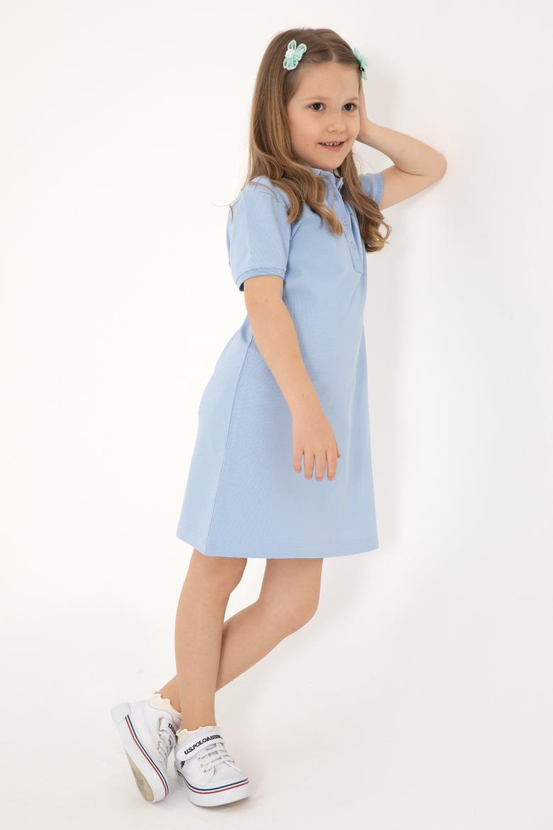 Kız Çocuk Açık Mavi Polo Yaka Kısa Kol A-Form Basic Örme Elbise - 50306051078
