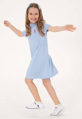 Kız Çocuk Açık Mavi Polo Yaka Kısa Kol A-Form Basic Örme Elbise - 50306051078
