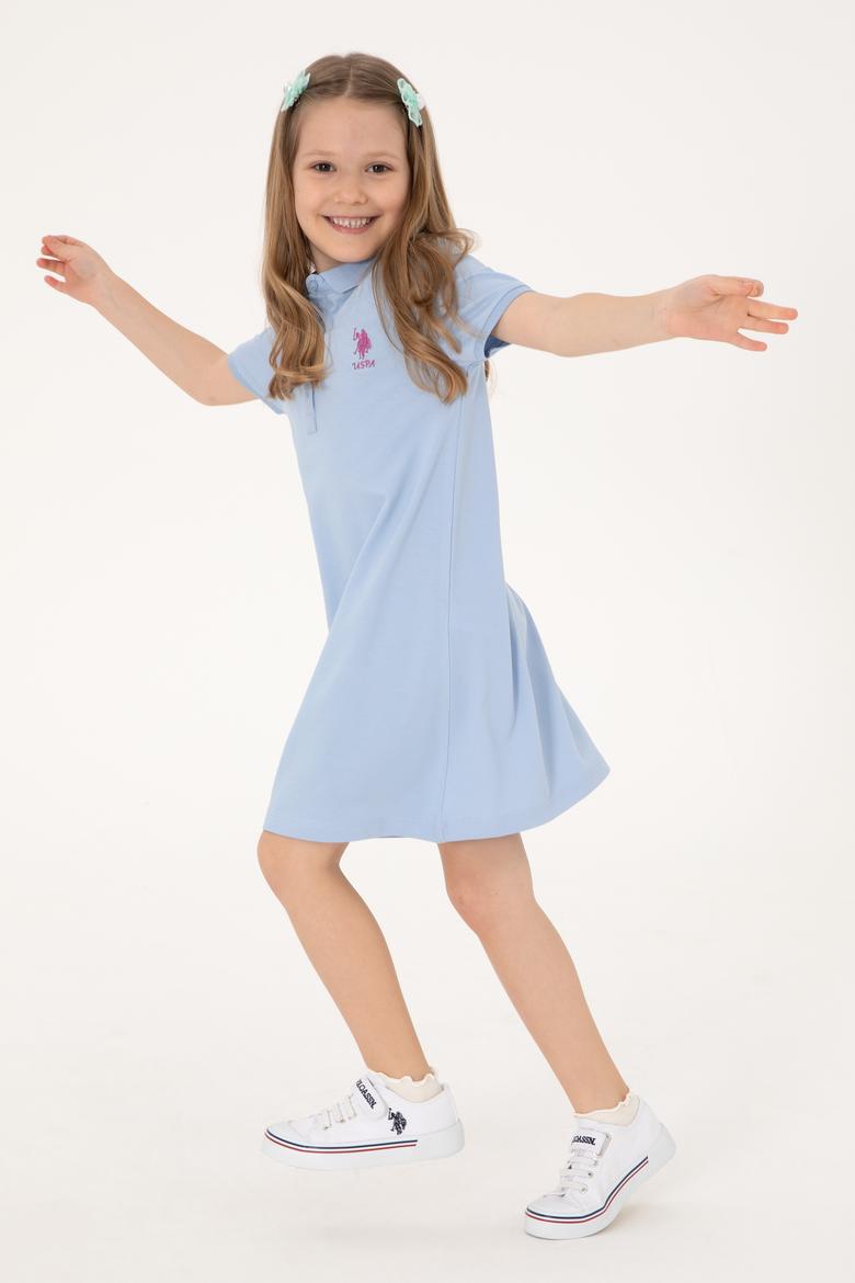 Kız Çocuk Açık Mavi Polo Yaka Kısa Kol A-Form Basic Örme Elbise