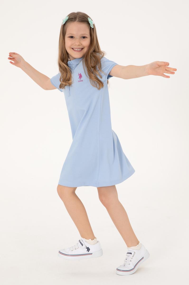 Kız Çocuk Açık Mavi Polo Yaka Kısa Kol A-Form Basic Örme Elbise