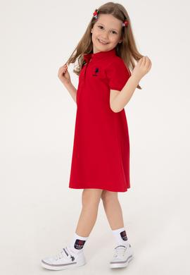 Kız Çocuk Kırmızı Polo Yaka Kısa Kol A-Form Basic Örme Elbise - 50306051027