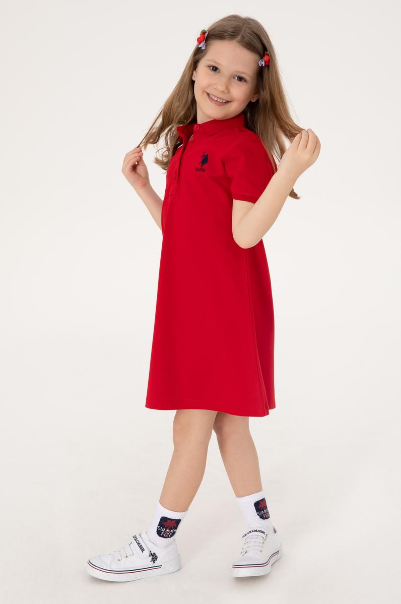 Kız Çocuk Kırmızı Polo Yaka Kısa Kol A-Form Basic Örme Elbise