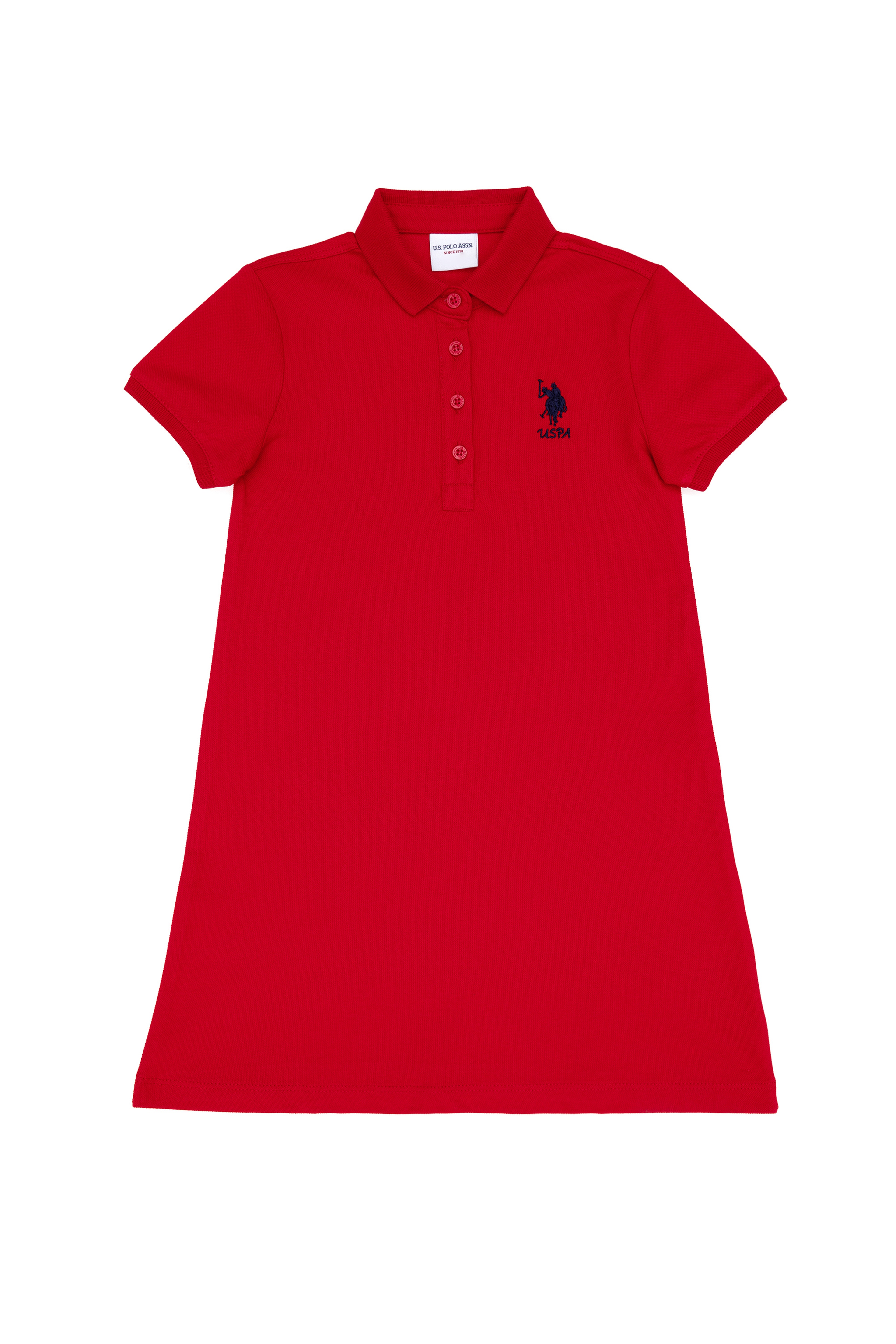 Kız Çocuk Kırmızı Polo Yaka Kısa Kol A-Form Basic Örme Elbise - Image 3