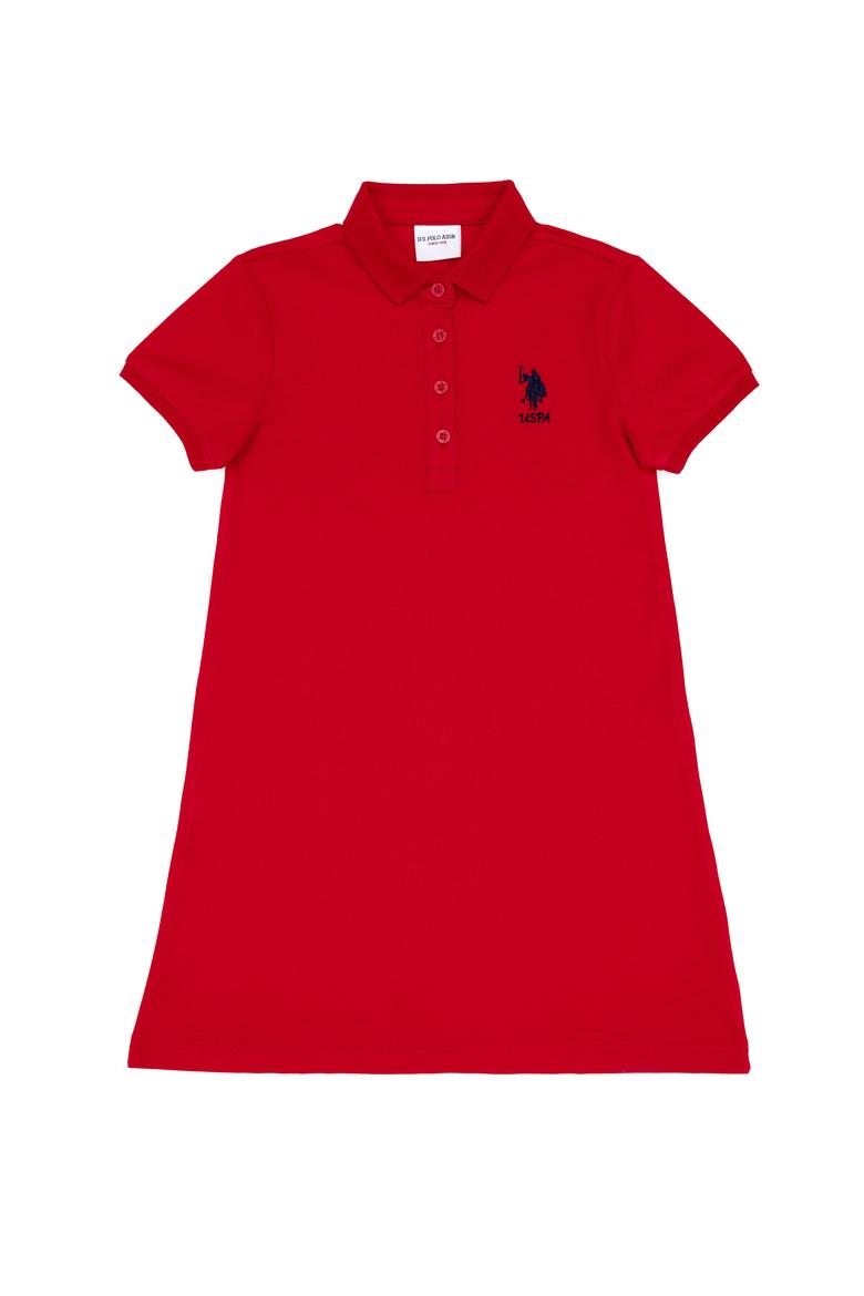 Kız Çocuk Kırmızı Polo Yaka Kısa Kol A-Form Basic Örme Elbise - 50306051027