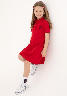 Kız Çocuk Kırmızı Polo Yaka Kısa Kol A-Form Basic Örme Elbise - 50306051027
