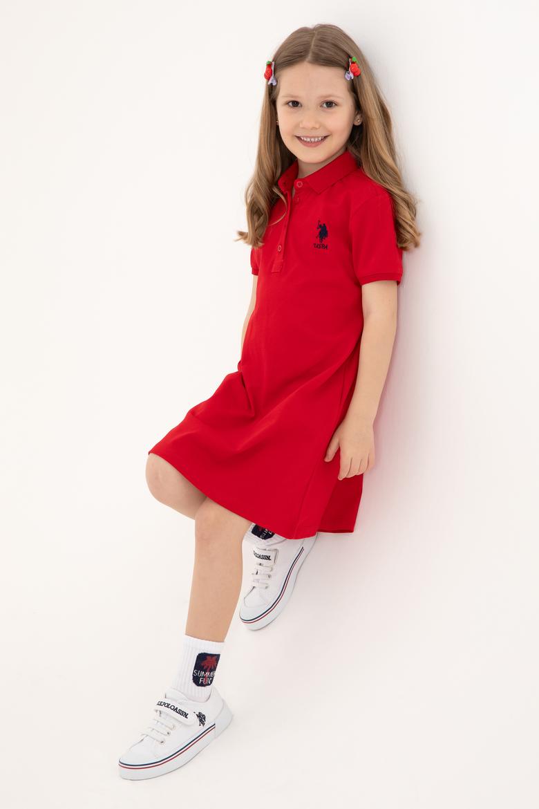 Kız Çocuk Kırmızı Polo Yaka Kısa Kol A-Form Basic Örme Elbise