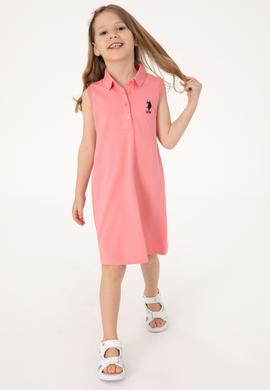Kız Çocuk Pembe Polo Yaka Kolsuz A-Form Basic Örme Elbise - 50306052005