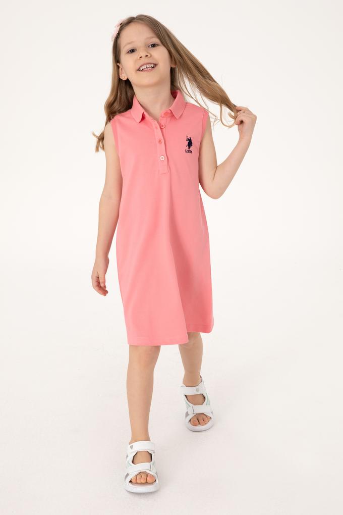 Kız Çocuk Pembe Polo Yaka Kolsuz A-Form Basic Örme Elbise