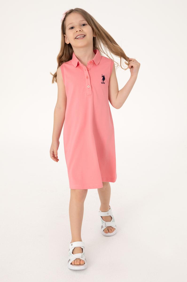 Kız Çocuk Pembe Polo Yaka Kolsuz A-Form Basic Örme Elbise