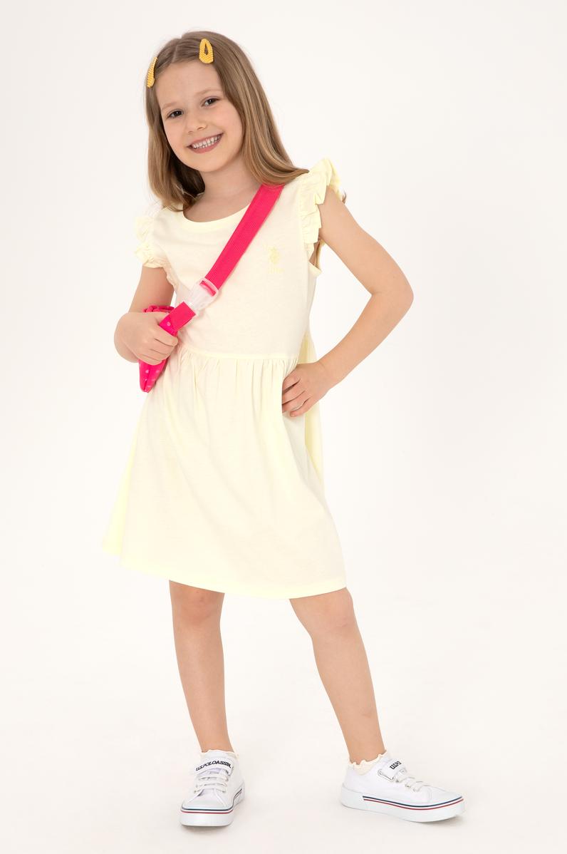 Kız Çocuk Limon Fırfır Kollu Bisiklet Yaka Pamuk Örme Elbise