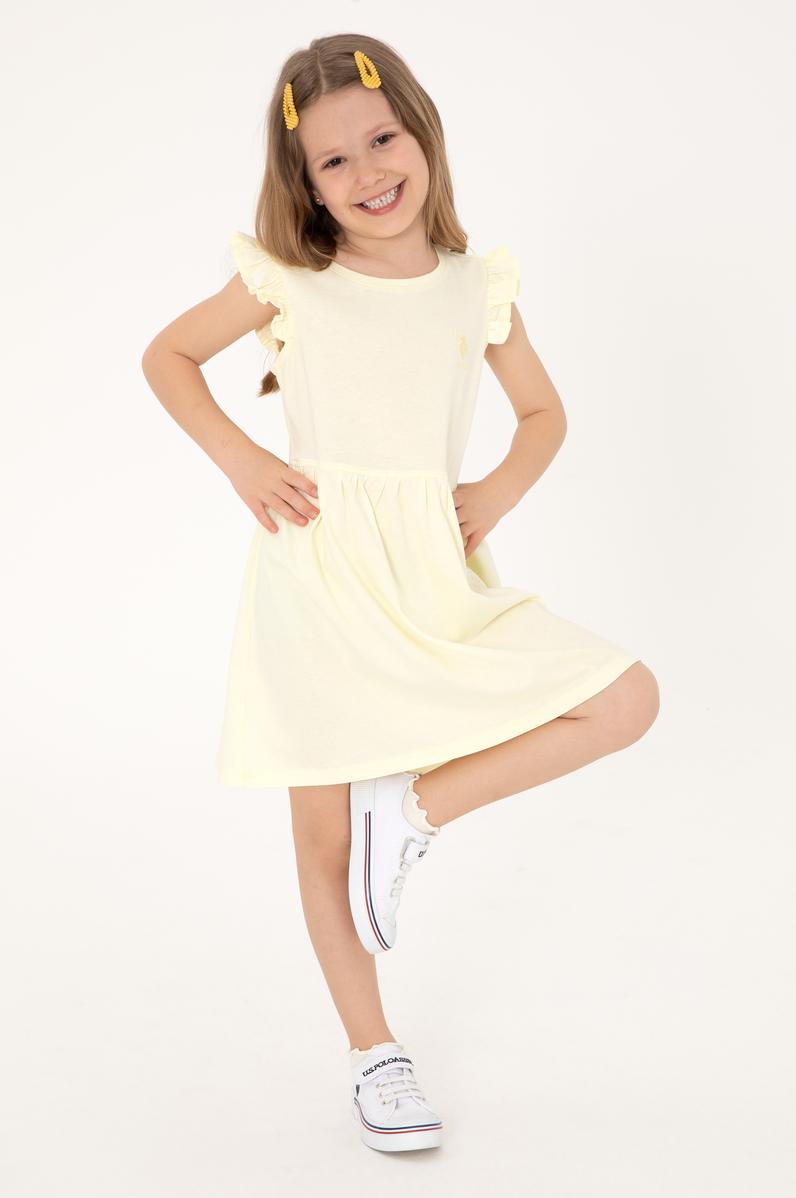 Kız Çocuk Limon Fırfır Kollu Bisiklet Yaka Pamuk Örme Elbise