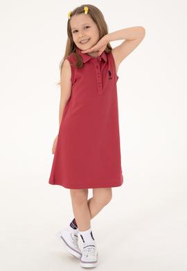 Kız Çocuk Vişne Polo Yaka Kolsuz A-Form Basic Örme Elbise - 50306052093