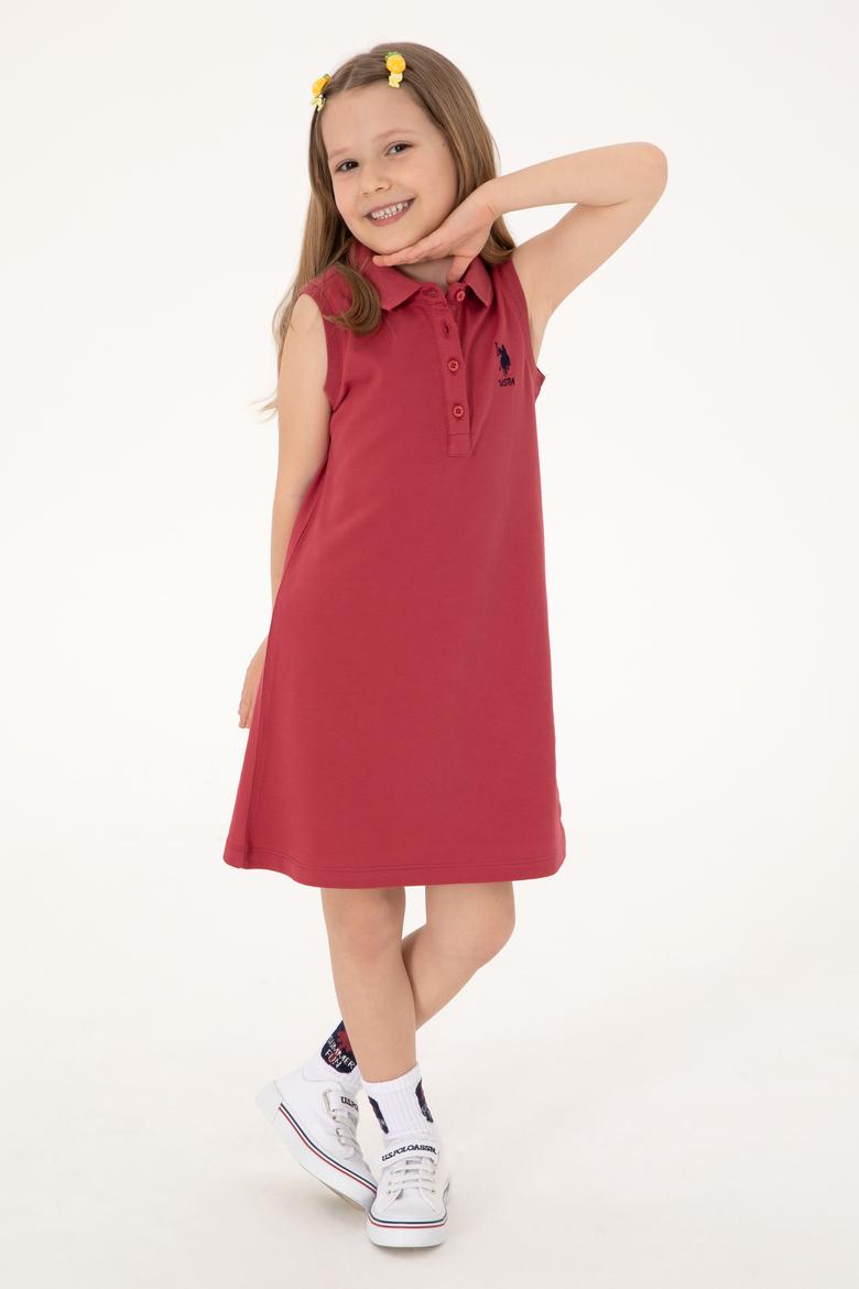 Kız Çocuk Vişne Polo Yaka Kolsuz A-Form Basic Örme Elbise