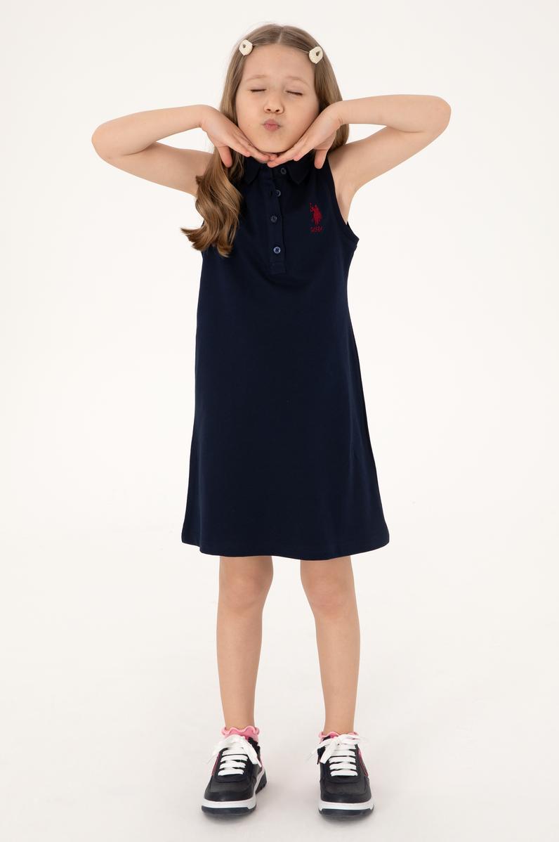 Kız Çocuk Lacivert Polo Yaka Kolsuz A-Form Basic Örme Elbise
