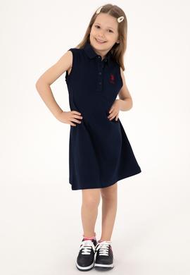 Kız Çocuk Lacivert Polo Yaka Kolsuz A-Form Basic Örme Elbise - 50306052081