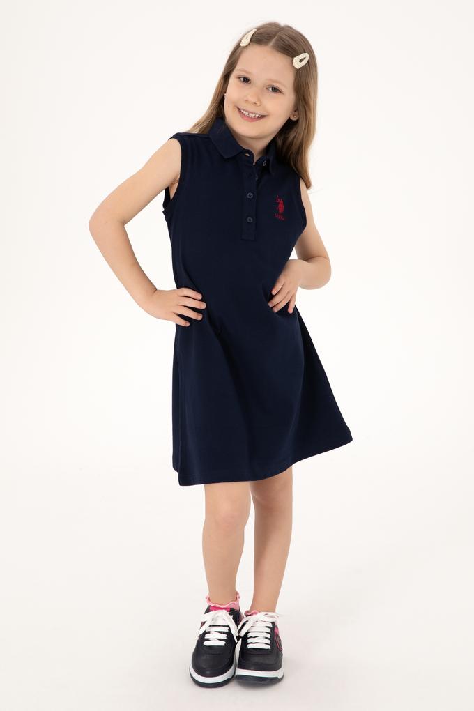 Kız Çocuk Lacivert Polo Yaka Kolsuz A-Form Basic Örme Elbise